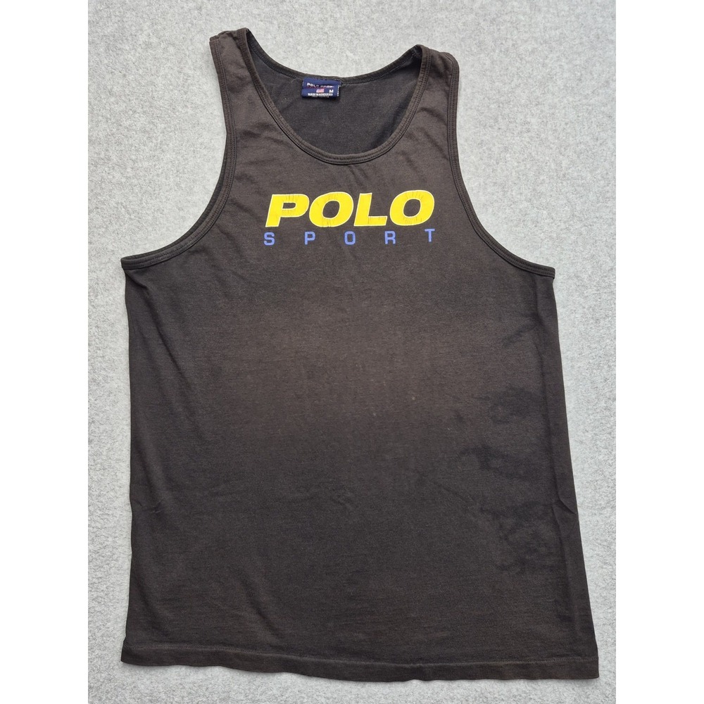Vintage Polo Sport Ralph Lauren Shirt Men M Black Yellow Spell Out Logo Tank Top